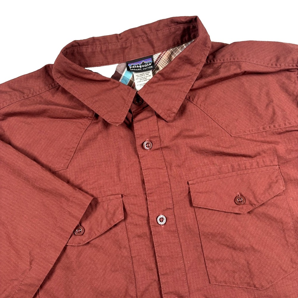 Patagonia Three Trees Shirt Mens L Burgundy Organic Cotton Ripstop S/S 52220